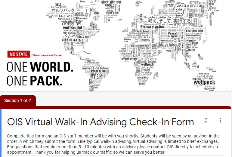 Screenshot of virtual drop-in check-in form